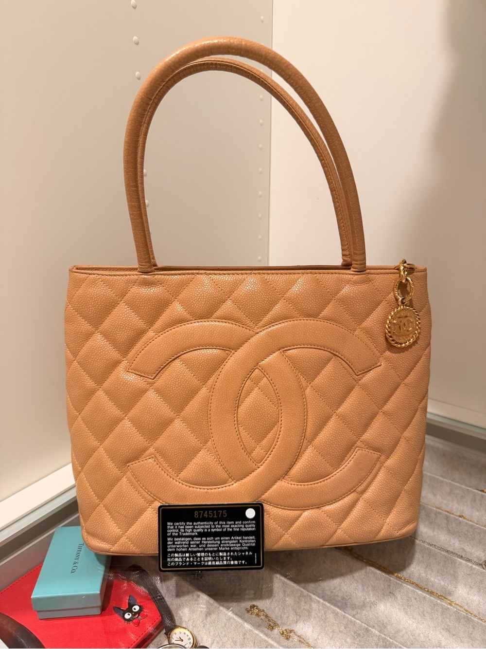 CHANEL Tan Quilted Caviar Leather Medallion Tote with Gold Charm